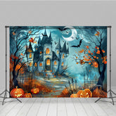 Aperturee - Aperturee Haunted Castle on Halloween Night Photography Backdrop Spooky Pumpkins and Bats Fairytale Horror Photo Shoots